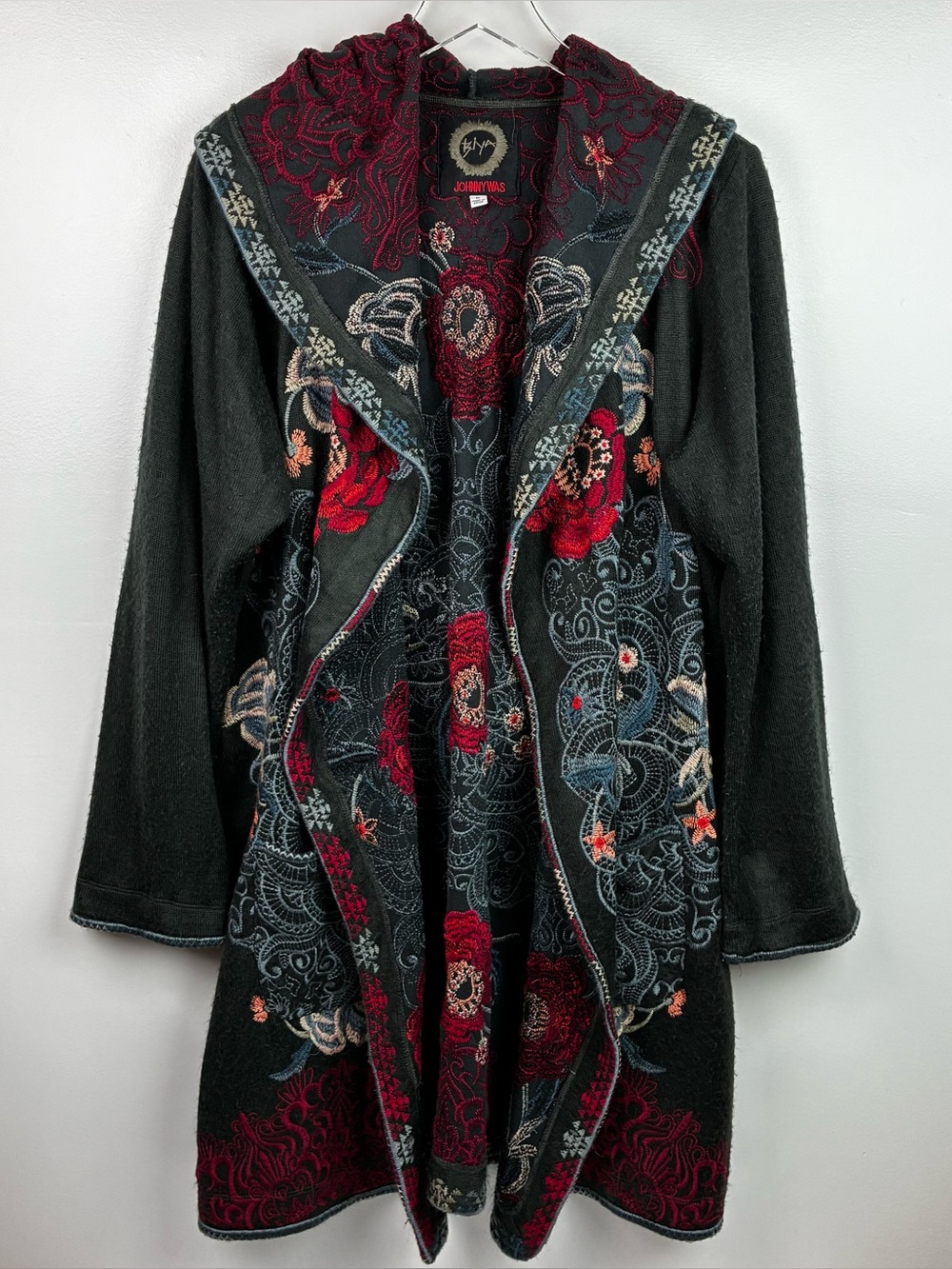 Johnny Was Biya Open Front Embroidered Hooded Duster Cardigan
